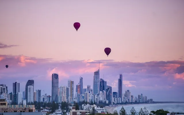 Hot air balloons over the city, Surfers Paradise, Gold Coast, Queensland